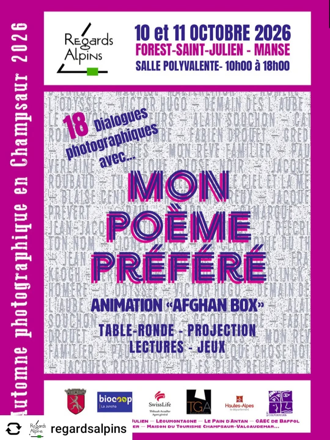 Get @reshare_app • @regardsalpins L'édition 2026 de l'Automne photographique en Champsaur c'est tout juste dans un mois ! 18 dialogues photographiques avec "Mon poème préféré" seront proposés ainsi que de nombreuses animations. Tous les détails très bientôt... 

#regardsalpins #automnephotographique #monpoèmepréféré #photopoesie #chamspaur